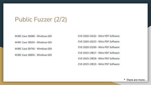Public Fuzzer (2/2)
MSRC Case 58680 - Windows GDI
MSRC Case 58593 - Windows GDI
MSRC Case 58745 - Windows GDI
MSRC Case 58843 - Windows GDI
CVE-2020-10222 - Nitro PDF Software
CVE-2020-10223 - Nitro PDF Software
CVE-2020-25290 - Nitro PDF Software
CVE-2019-19817 - Nitro PDF Software
CVE-2019-19818 - Nitro PDF Software
CVE-2019-19819 - Nitro PDF Software
* there are more…
