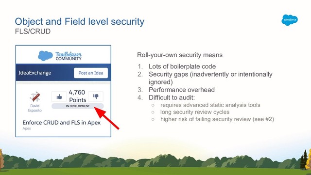Object and Field level security
Roll-your-own security means
1. Lots of boilerplate code
2. Security gaps (inadvertently or intentionally
ignored)
3. Performance overhead
4. Difficult to audit:
○ requires advanced static analysis tools
○ long security review cycles
○ higher risk of failing security review (see #2)
FLS/CRUD
