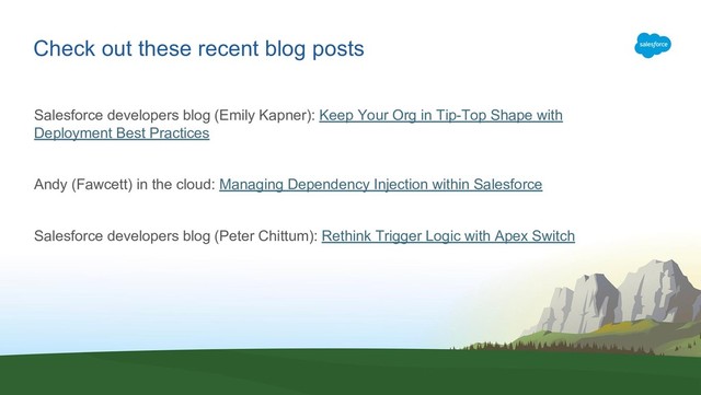 Check out these recent blog posts
Salesforce developers blog (Emily Kapner): Keep Your Org in Tip-Top Shape with
Deployment Best Practices
Andy (Fawcett) in the cloud: Managing Dependency Injection within Salesforce
Salesforce developers blog (Peter Chittum): Rethink Trigger Logic with Apex Switch
