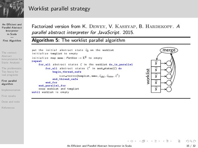 An Eﬃcient and
Parallel Abstract
Interpreter
in Scala
—
First Algorithm
The context:
Abstract
Interpretation for
Static Analysis
The problematic:
Too heavy for
real programs
First parallel
algorithm
Implementation
First results
Done and todo
References
Worklist parallel strategy
Factorized version from K. Dewey, V. Kashyap, B. Hardekopf. A
parallel abstract interpreter for JavaScript. 2015.
Algorithm 5: The worklist parallel algorithm
put the i n i t i a l a b s t r a c t s t a t e ς0 on the worklist
i n i t i a l i z e templist to empty
i n i t i a l i z e map memo : Partition → Σ♯ to empty
Ö Ô Ø
ÓÖ ÐÐ a b s t r a c t s t a t e s ς i n the worklist Ó Ò Ô Ö ÐÐ Ð
ÓÖ ÐÐ a b s t r a c t s t a t e s ς′ i n next states(ς) Ó
Ò Ø Ö ×
main process(templist, memo, ςold, ςnew, ς′)
Ò Ø Ö ×
Ò ÓÖ
Ò Ô Ö ÐÐ Ð ÓÖ
swap worklist and templist
ÙÒØ Ð worklist i s empty
s
s
s
s
s
worklist
merge
An Eﬃcient and Parallel Abstract Interpreter in Scala — First Algorithm 15 / 32

