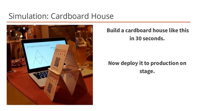 Simulation: Cardboard House
Build a cardboard house like this
in 30 seconds.
Now deploy it to production on
stage.

