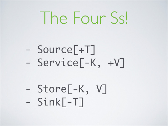 - Source[+T]
- Service[-K, +V]
- Store[-K, V]
- Sink[-T]
The Four Ss!
