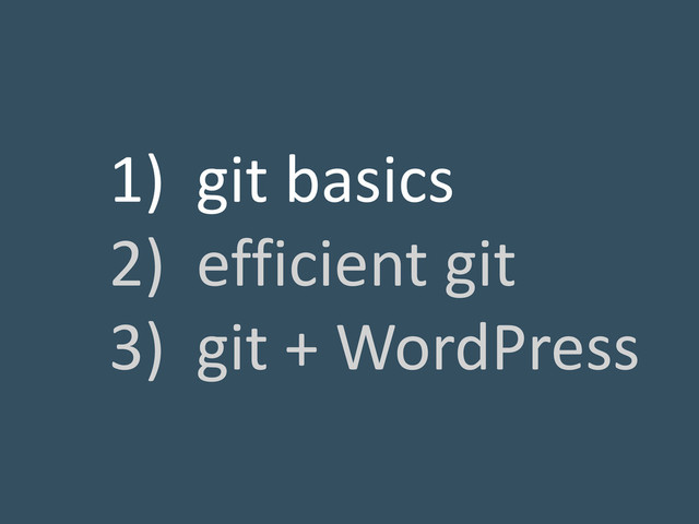 1) git basics
2) efficient git
3) git + WordPress
