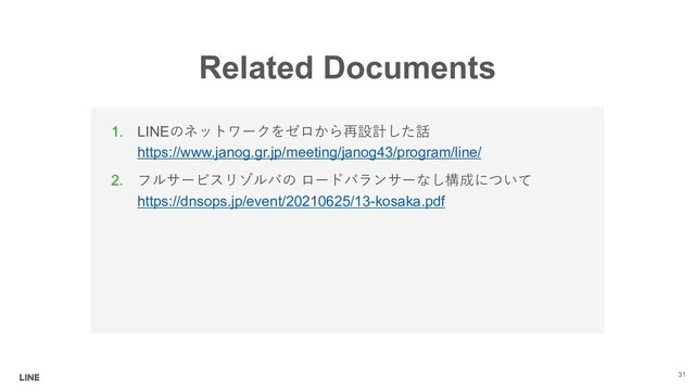 Related Documents
1. LINE
!#$
https://www.janog.gr.jp/meeting/janog43/program/line/
2. 
  " 
https://dnsops.jp/event/20210625/13-kosaka.pdf
31
