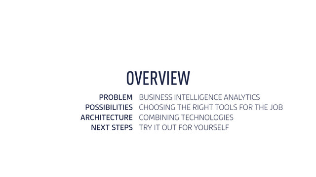 PROBLEM BUSINESS INTELLIGENCE ANALYTICS
POSSIBILITIES CHOOSING THE RIGHT TOOLS FOR THE JOB
ARCHITECTURE COMBINING TECHNOLOGIES
NEXT STEPS TRY IT OUT FOR YOURSELF
OVERVIEW
