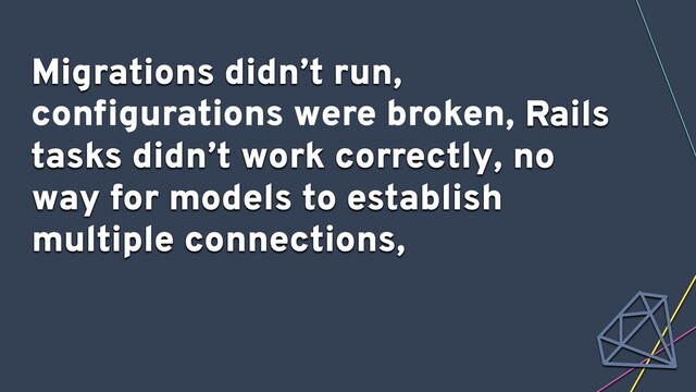 Migrations didn’t run,
conﬁgurations were broken, Rails
tasks didn’t work correctly, no
way for models to establish
multiple connections,
