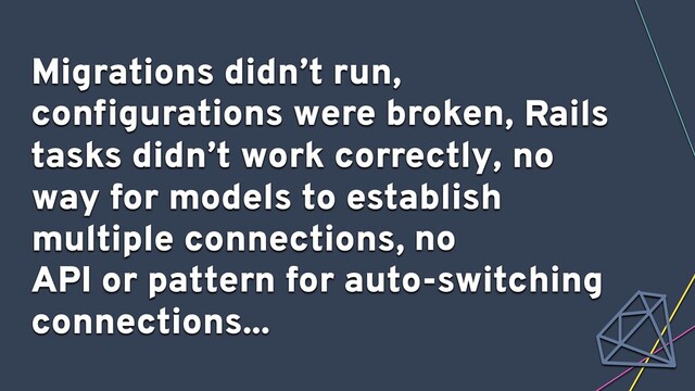 no
API or pattern for auto-switching
connections...
Migrations didn’t run,
conﬁgurations were broken, Rails
tasks didn’t work correctly, no
way for models to establish
multiple connections,
