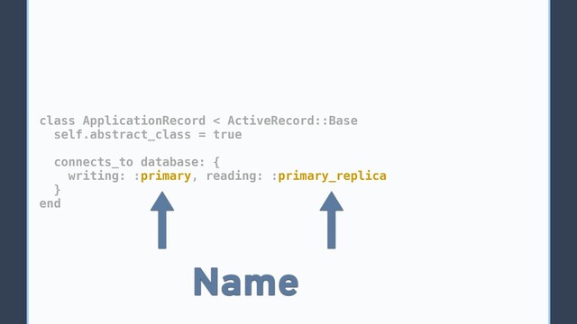 class ApplicationRecord < ActiveRecord::Base
self.abstract_class = true
connects_to database: {
writing: :primary, reading: :primary_replica
}
end
Name
