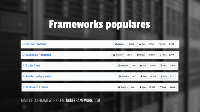 Frameworks populares
mais de 30 frameworks em: nodeframework.com
