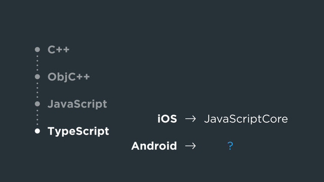 ?
C++
ObjC++
JavaScript
TypeScript
iOS !" JavaScriptCore
Android !"
