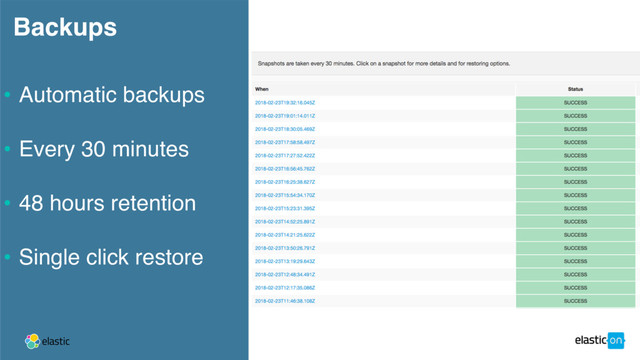 Backups
• Automatic backups
• Every 30 minutes
• 48 hours retention
• Single click restore
