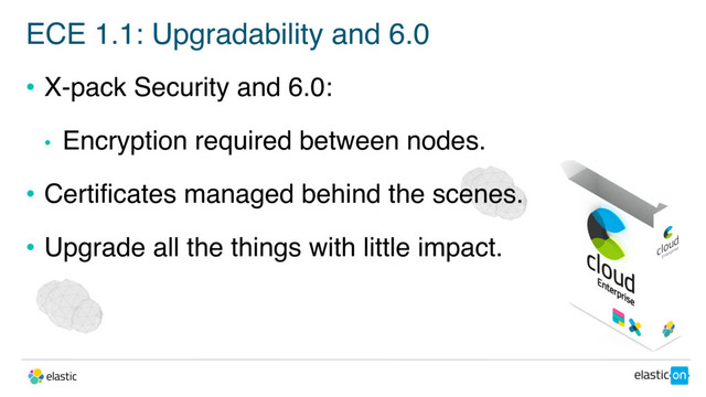 ECE 1.1: Upgradability and 6.0
• X-pack Security and 6.0:
• Encryption required between nodes.
• Certificates managed behind the scenes.
• Upgrade all the things with little impact.
