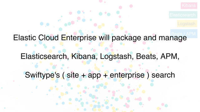 Kibana
Elasticsearch
Logstash
Beats / APM
Elastic Cloud Enterprise will package and manage
Elasticsearch, Kibana, Logstash, Beats, APM,
Swiftype's ( site + app + enterprise ) search

