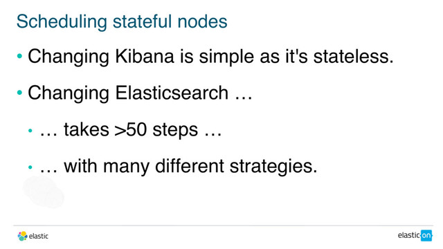 Scheduling stateful nodes
• Changing Kibana is simple as it's stateless.
• Changing Elasticsearch …
• … takes >50 steps …
• … with many different strategies.
