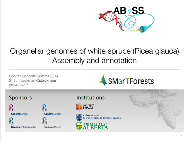 Organellar genomes of white spruce (Picea glauca)
Assembly and annotation
Conifer Genome Summit 2014

Shaun Jackman @sjackman

2014-06-17
2

