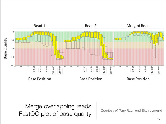 Merge overlapping reads
FastQC plot of base quality Courtesy of Tony Raymond @tgjraymond
19

