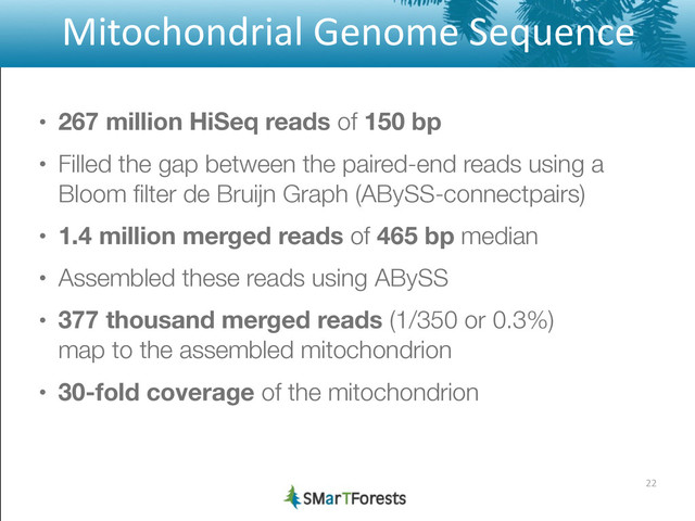 Mitochondrial	  Genome	  Sequence
• 267 million HiSeq reads of 150 bp
• Filled the gap between the paired-end reads using a
Bloom ﬁlter de Bruijn Graph (ABySS-connectpairs)
• 1.4 million merged reads of 465 bp median
• Assembled these reads using ABySS
• 377 thousand merged reads (1/350 or 0.3%) 
map to the assembled mitochondrion
• 30-fold coverage of the mitochondrion
22

