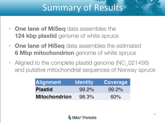 Summary	  of	  Results
• One lane of MiSeq data assembles the 
124 kbp plastid genome of white spruce
• One lane of HiSeq data assembles the estimated 
6 Mbp mitochondrion genome of white spruce
• Aligned to the complete plastid genome (NC_021456)
and putative mitochondrial sequences of Norway spruce
24
Alignment Identity! Coverage
Plastid 99.2% 99.2%
Mitochondrion 98.3% 60%
