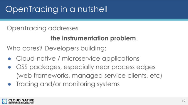 OpenTracing in a nutshell
OpenTracing addresses
the instrumentation problem.
Who cares? Developers building:
● Cloud-native / microservice applications
● OSS packages, especially near process edges
(web frameworks, managed service clients, etc)
● Tracing and/or monitoring systems
19
