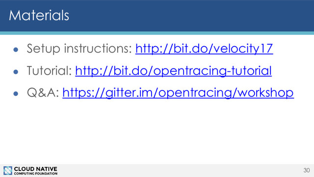 Materials
● Setup instructions: http://bit.do/velocity17
● Tutorial: http://bit.do/opentracing-tutorial
● Q&A: https://gitter.im/opentracing/workshop
30
