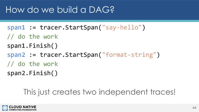 44
How do we build a DAG?
span1 := tracer.StartSpan("say-hello")
// do the work
span1.Finish()
span2 := tracer.StartSpan("format-string")
// do the work
span2.Finish()
This just creates two independent traces!

