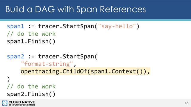 45
Build a DAG with Span References
span1 := tracer.StartSpan("say-hello")
// do the work
span1.Finish()
span2 := tracer.StartSpan(
"format-string",
opentracing.ChildOf(span1.Context()),
)
// do the work
span2.Finish()
