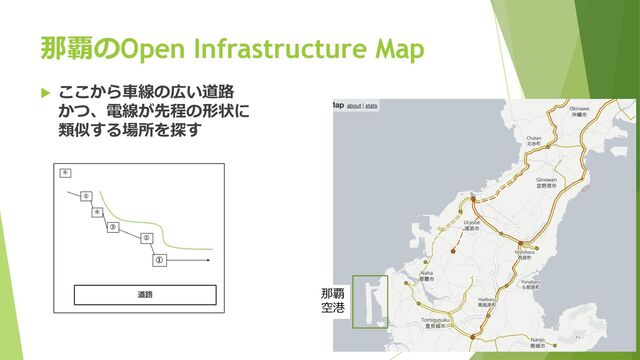 那覇のOpen Infrastructure Map
u ここから⾞線の広い道路
かつ、電線が先程の形状に
類似する場所を探す
那覇
空港
