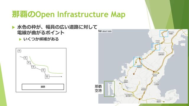 那覇のOpen Infrastructure Map
u ⽔⾊の枠が、幅員の広い道路に対して
電線が曲がるポイント
u いくつか候補がある
那覇
空港
