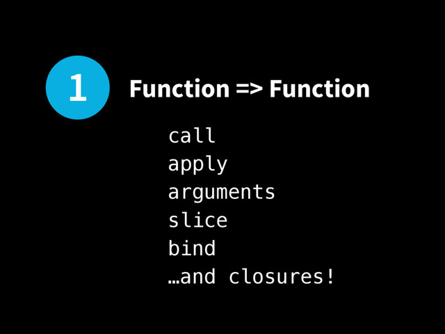 1 Function => Function
call
apply
arguments
slice
bind
…and closures!
