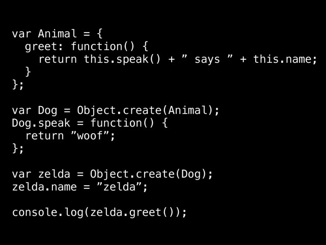 var Animal = {
greet: function() {
return this.speak() + ” says ” + this.name;
}
};
var Dog = Object.create(Animal);
Dog.speak = function() {
return ”woof”;
};
var zelda = Object.create(Dog);
zelda.name = ”zelda”;
console.log(zelda.greet());
