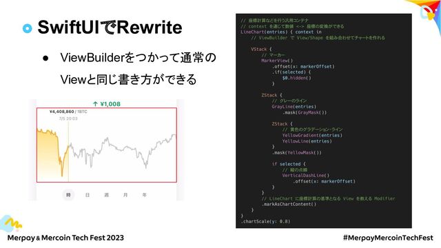 SwiftUIでRewrite
● ViewBuilderをつかって通常の
Viewと同じ書き方ができる
