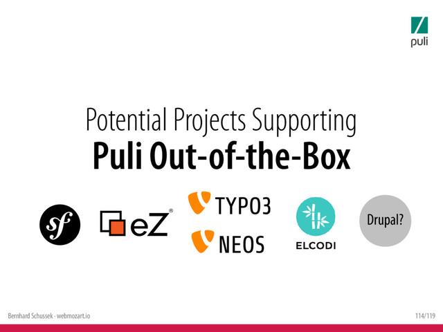 Bernhard Schussek · webmozart.io 114/119
Potential Projects Supporting
Puli Out-of-the-Box
Drupal?
