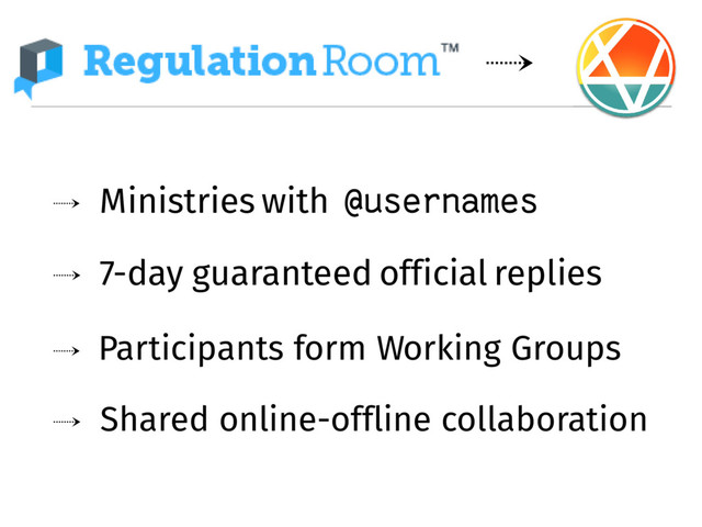 �
� Ministries with @usernames
7-day guaranteed official replies
�
� Participants form Working Groups
� Shared online-offline collaboration
