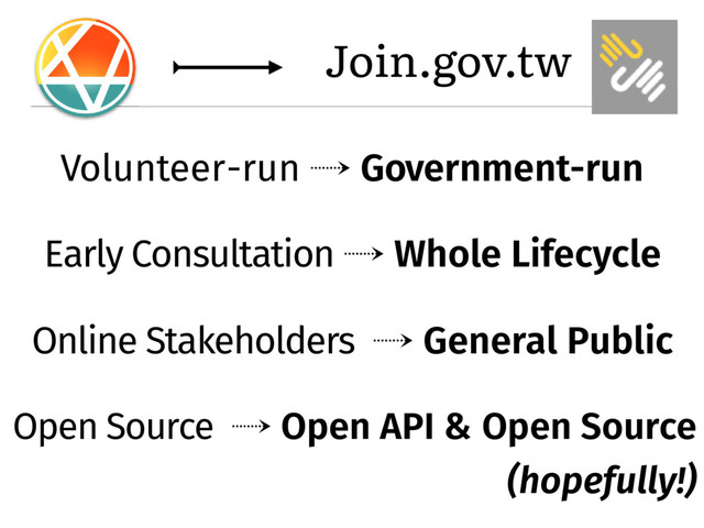 Join.gov.tw
Volunteer-run � Government-run
Early Consultation � Whole Lifecycle
Online Stakeholders � General Public
Open Source � Open API & Open Source�
(hopefully!)
