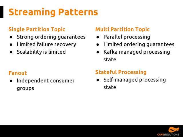 Streaming Patterns
Stateful Processing
● Self-managed processing
state
Single Partition Topic
● Strong ordering guarantees
● Limited failure recovery
● Scalability is limited
Multi Partition Topic
● Parallel processing
● Limited ordering guarantees
● Kafka managed processing
state
Fanout
● Independent consumer
groups
