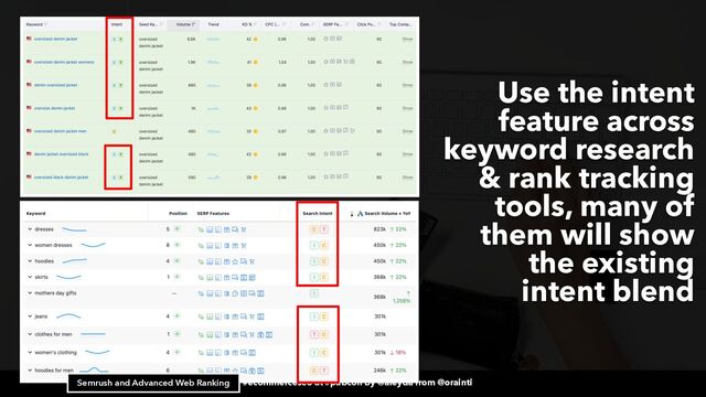 #ecommerceseo at #pubcon by @aleyda from @orainti
#ecommerceseo at #pubcon by @aleyda from @orainti
Use the intent
feature across
keyword research
& rank tracking
tools, many of
them will show
the existing
intent blend
Semrush and Advanced Web Ranking
