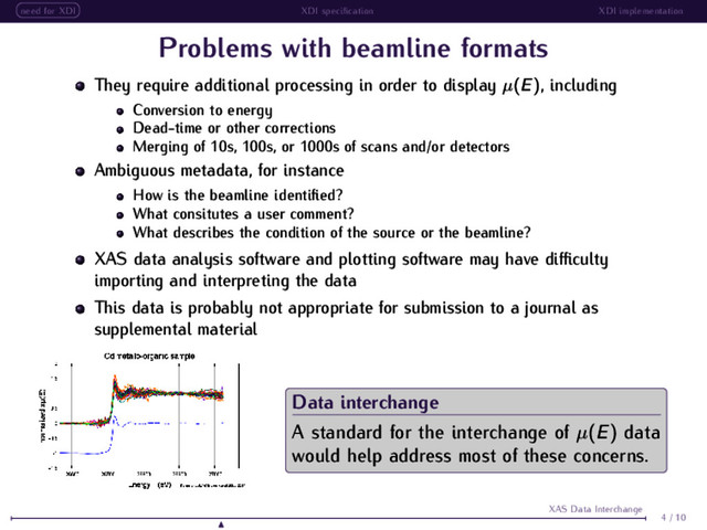need for XDI XDI speciﬁcation XDI implementation
Problems with beamline formats
They require additional processing in order to display µ(E), including
Conversion to energy
Dead-time or other corrections
Merging of 10s, 100s, or 1000s of scans and/or detectors
Ambiguous metadata, for instance
How is the beamline identiﬁed?
What consitutes a user comment?
What describes the condition of the source or the beamline?
XAS data analysis software and plotting software may have diﬃculty
importing and interpreting the data
This data is probably not appropriate for submission to a journal as
supplemental material
Data interchange
A standard for the interchange of µ(E) data
would help address most of these concerns.
4 / 10
XAS Data Interchange
