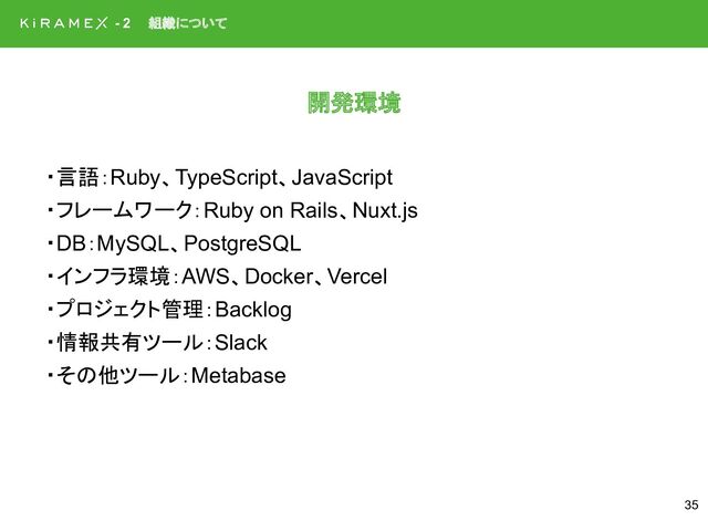 開発環境
35
・言語：Ruby、TypeScript、JavaScript
・フレームワーク：Ruby on Rails、Nuxt.js
・DB：MySQL、PostgreSQL
・インフラ環境：AWS、Docker、Vercel
・プロジェクト管理：Backlog
・情報共有ツール：Slack
・その他ツール：Metabase
- 2 組織について
