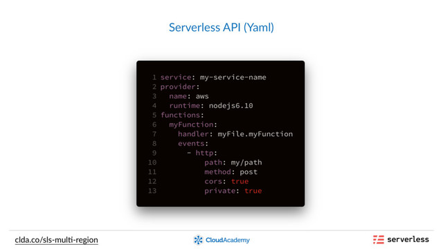 Serverless API (Yaml)
clda.co/sls-mul,-region
