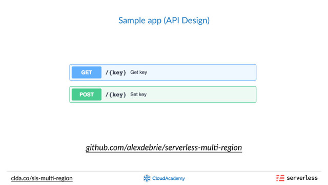 Sample app (API Design)
clda.co/sls-mul,-region
github.com/alexdebrie/serverless-mul.-region
