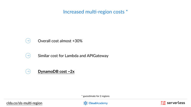 clda.co/sls-mul,-region
Overall cost almost +30%
Similar cost for Lambda and APIGateway
DynamoDB cost ~2x
Increased mul,-region costs *
* guess,mate for 2 regions
