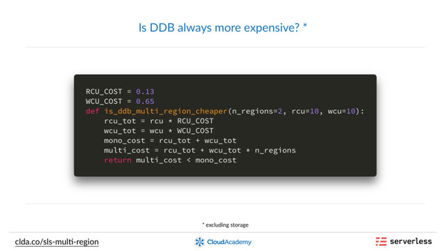 clda.co/sls-mul,-region
Is DDB always more expensive? *
* excluding storage

