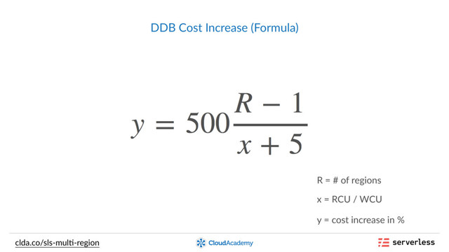 clda.co/sls-mul,-region
DDB Cost Increase (Formula)
R = # of regions
x = RCU / WCU
y = cost increase in %
