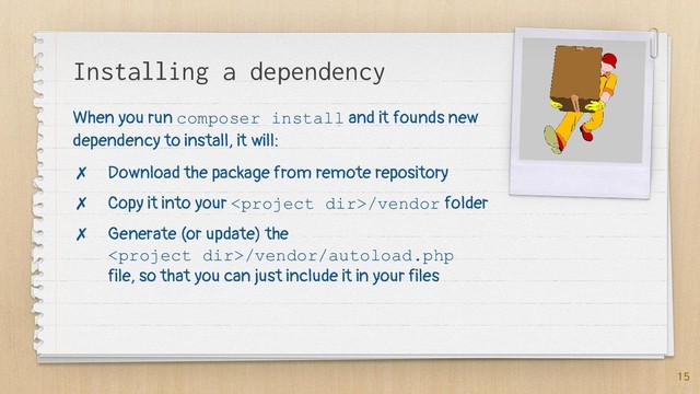 Installing a dependency
15
When you run composer install and it founds new
dependency to install, it will:
✗ Download the package from remote repository
✗ Copy it into your /vendor folder
✗ Generate (or update) the
/vendor/autoload.php
file, so that you can just include it in your files
