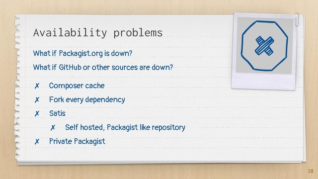 Availability problems
38
What if Packagist.org is down?
What if GitHub or other sources are down?
✗ Composer cache
✗ Fork every dependency
✗ Satis
✗ Self hosted, Packagist like repository
✗ Private Packagist
