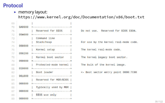 Protocol
▶ memory layout:
https://www.kernel.org/doc/Documentation/x86/boot.txt
30 / 122
