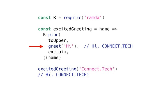 const R = require('ramda')
const excitedGreeting = name =>
R.pipe(
toUpper,
greet('Hi'), // Hi, CONNECT.TECH
exclaim,
)(name)
excitedGreeting('Connect.Tech')
// Hi, CONNECT.TECH!
