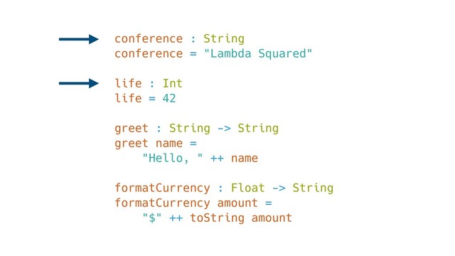 conference : String
conference = "Lambda Squared"
life : Int
life = 42
greet : String -> String
greet name =
"Hello, " ++ name
formatCurrency : Float -> String
formatCurrency amount =
"$" ++ toString amount
