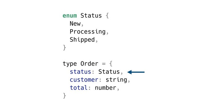 enum Status {
New,
Processing,
Shipped,
}
type Order = {
status: Status,
customer: string,
total: number,
}
