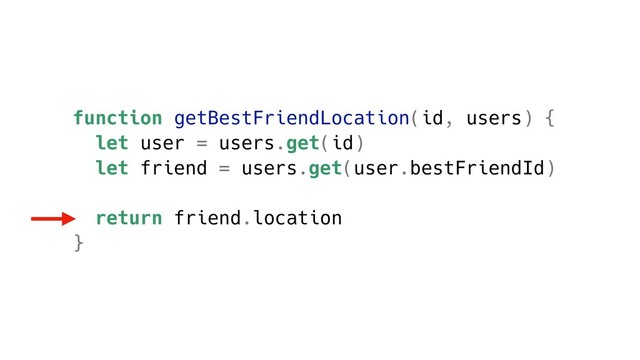 function getBestFriendLocation(id, users) {
let user = users.get(id)
let friend = users.get(user.bestFriendId)
return friend.location
}
